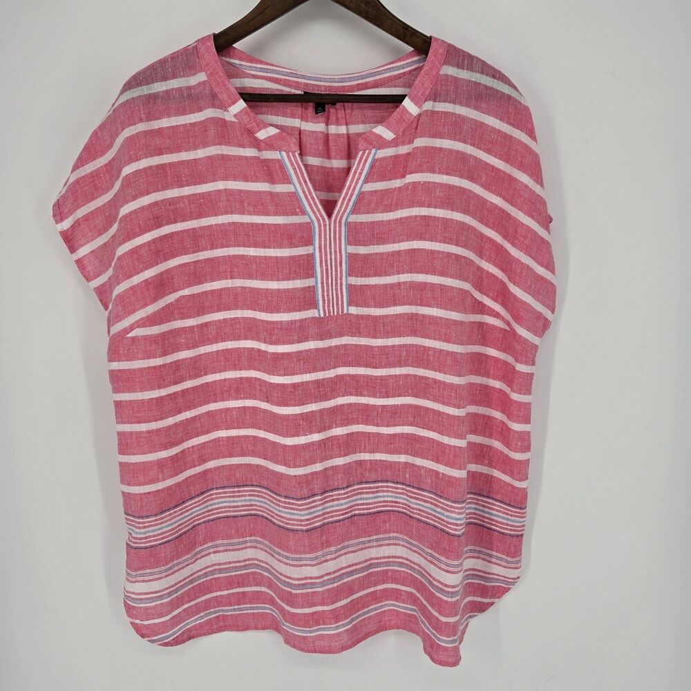 Talbots Pink Stripe Linen Cap Sleeve Beachy Artsy Blouse XL